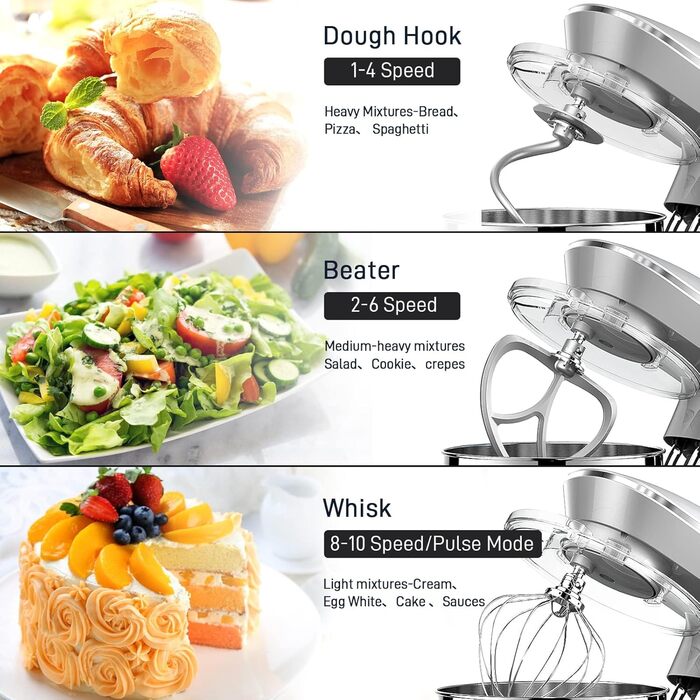 Кухонна машина Vezzio 1500W з чашею 8.5L з нержавіючої сталі: міксер, тістоміс, планетарний міксер для дому