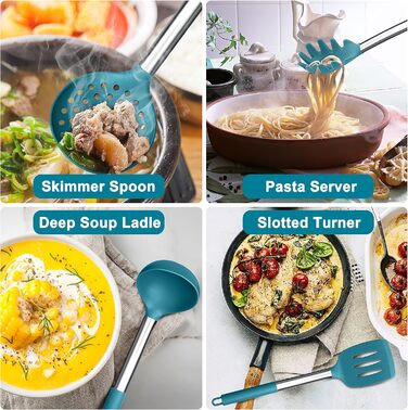 Набір кухонного інвентарю Herogo, 12 шт. Силіконові кухонні інструменти з нержавіючою сталею, термостійкі кухонні прилади, лопатки, ложки, шпателі з підставкою, легко миються (Блакитний)