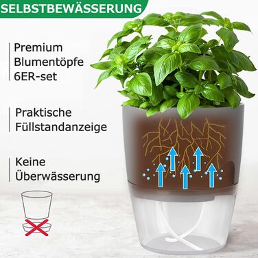 Набір горщиків для трав на кухню, самополив, 3 шт. – сад для кухні, 18.2x11x15.3 см, для свіжих кухонних трав (сірий, 6 шт.)