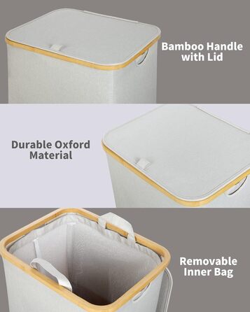 Великий кошик для білизни з кришкою, 100 л, з бамбуковими ручками, для зберігання одягу та іграшок, складний, з внутрішньою кишенею, для спальні та ванної кімнати
