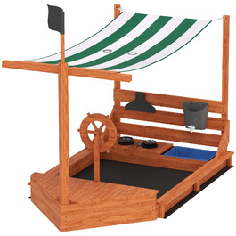 Outsunny Sandpit Sandpit великий з кришкою в дизайні корабля Грязьовик з дерева Вітрильний корабель Ігровий будиночок з кухнею Ігровий набір для зберігання для дітей 3-7 років Помаранчевий 180 x 103 x 144.5 см