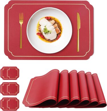 Набори підставки під тарілки Fanquare, 6 шт., зелені, прямокутні, з екошкіри, з золотим кантом. Стійкі до нагрівання, миючіся, антиковзаючі підставки для обіднього столу, весільної декоації. Розмір 45 * 30 см.