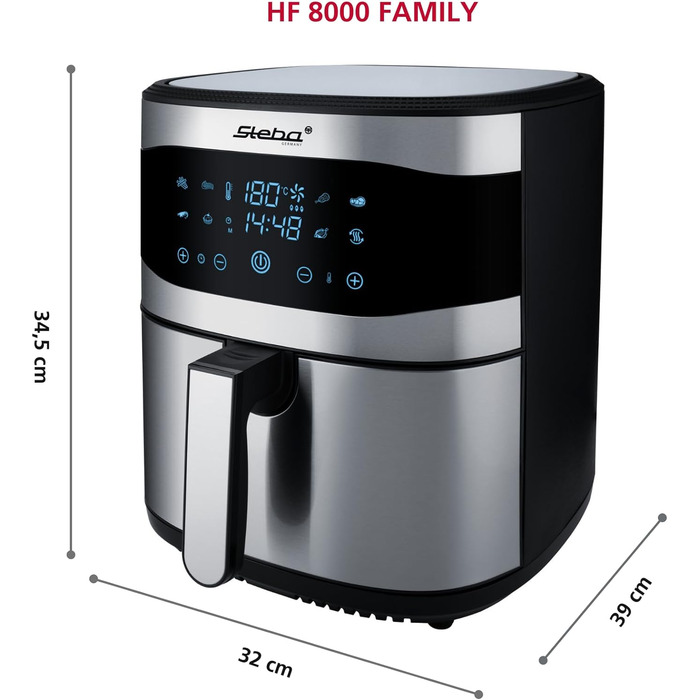 Сімейна фритюрниця Steba, 8 л із сенсорним екраном, 8 програм, таймер 60 хв., 1800 Вт, фритюрниця без олії, HF 8000