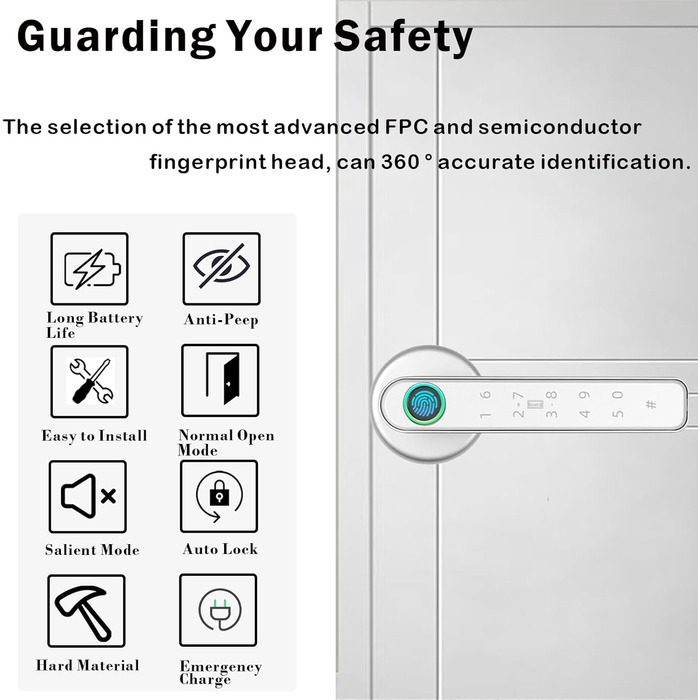 Розумний замок з відбитком пальця Smart 5-в-1: App-керування, відбиток пальця, IC-карта, пароль, запасний ключ. Електронний цифровий замок для дверей. Підходить для розумних дверей срібного кольору.