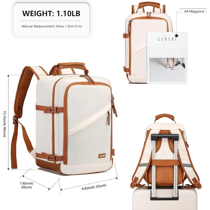 Кабінний рюкзак Kono 40x20x25 см для Ryanair, 20L, мінімалістичний (бежевий/коричневий)