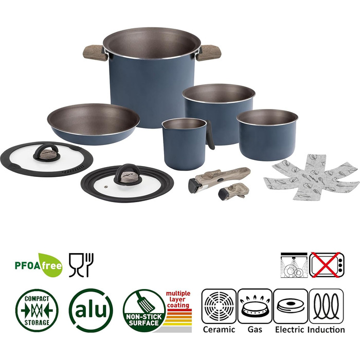 Набір кухонного посуду Brunner Camping HOHES (алюміній) для 2-4 осіб: каструлі та сковорідки ø 18, 20, 22 см, з антипригарним покриттям, легкий, високоякісний, стікельний