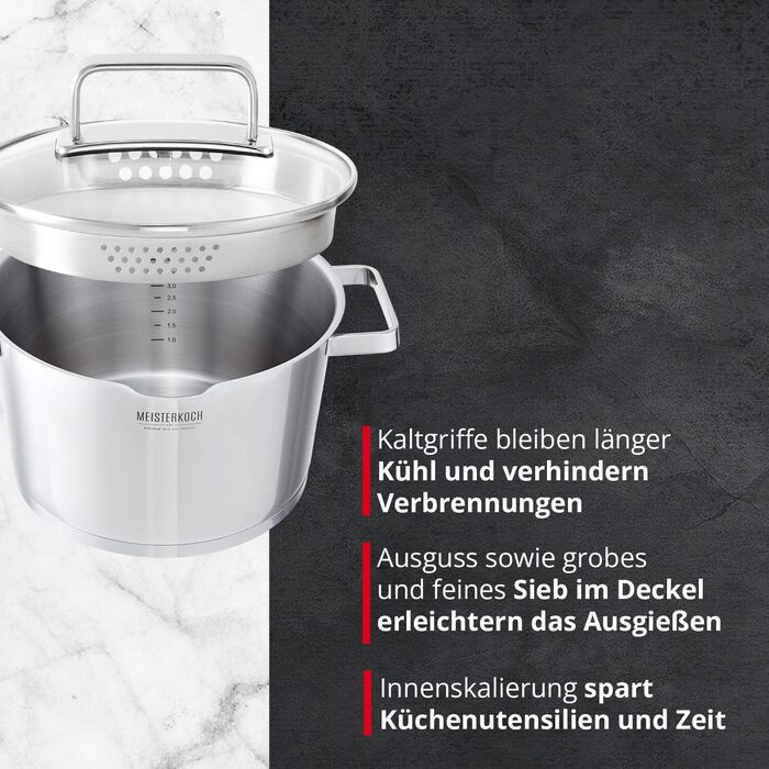Каструля Meisterkoch з нержавіючої сталі 16 см Ø | з виливом, мірною шкалою та ізольованою ручкою | 1 скляна кришка з дрібним та великим ситом | посуд з нержавіючої сталі, підходить для індукційних плит (24 см)