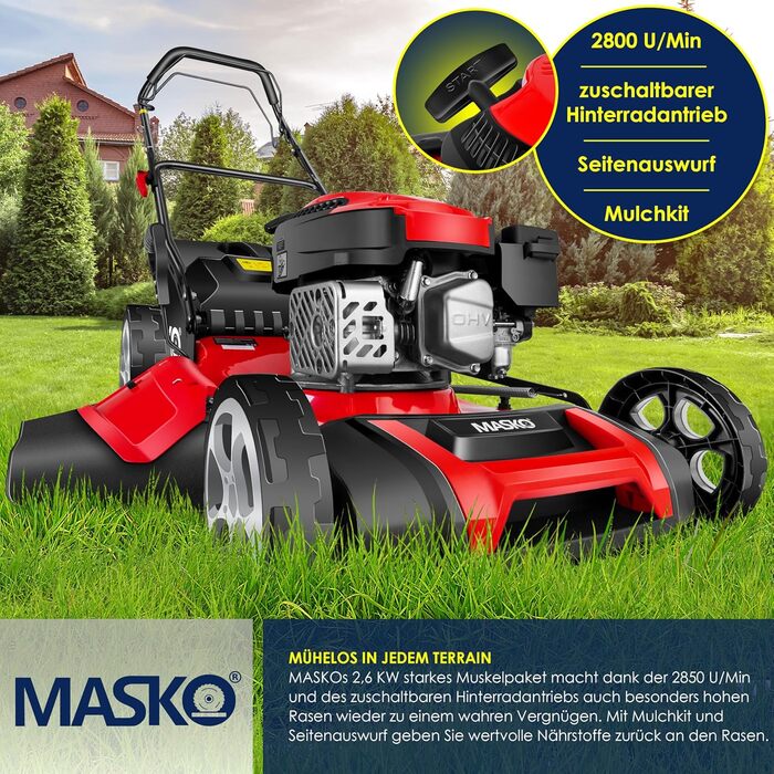Бензинова газонокосилка MASKO® 5в1 | Ширина косіння 51 см | 8 положень висоти стрижки | 4-тактний OHV двигун 6.0 PS | Об'єм кошика 65 літрів | З набором для мульчування, бічний викид | Червоний / Чорний