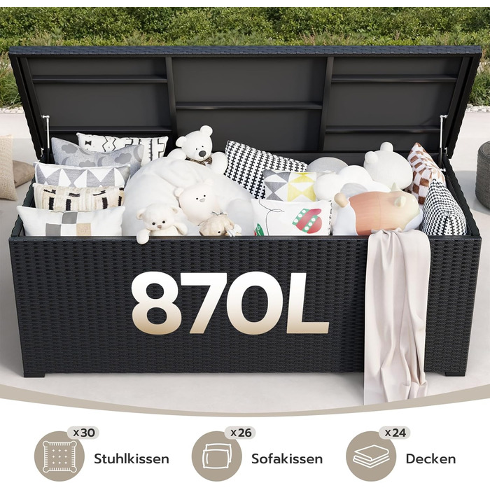 Скриня для подушок садових Polyrattan Amopatio 650л, водонепроникна, з газліфтом, чорна. Ящик для зберігання для саду та балкону