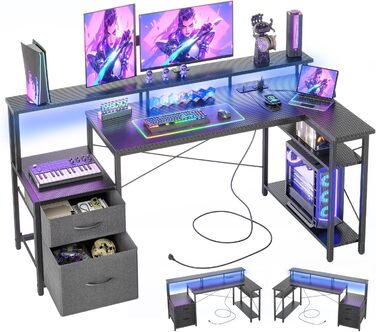 Кутовий стіл BEXEVUE з розетками та LED-підсвіткою, 150x80 см. Сучасний кутовий стіл з 2 висувними ящиками, регульовані полиці, великий підставкою для монітора, для роботи, навчання та геймінгу. Чорний колір.