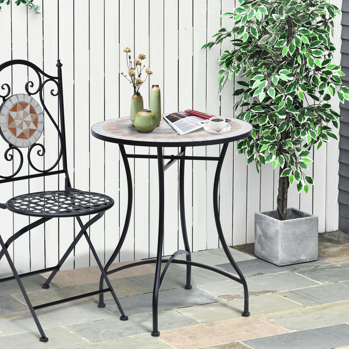 Мозаїчний стіл Outsunny Garden Table круглий Ø60 см, Балконний стіл Журнальний столик зі сталі та кераміки в помаранчевому та білому кольорах, висота 71 см для саду та балкона