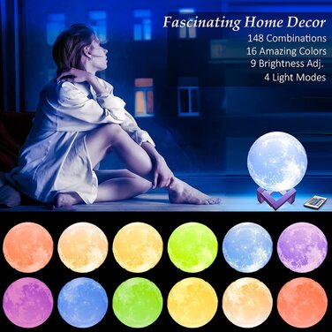 Новий подарунок на День матері Mydethun 2023 16 кольорів місячна лампа з керамічною основою, світлодіодний 3D нічник, пульт дистанційного керування, USB-зарядка, лампа для дітей, дівчаток, спальня, прикраса будинку, світильник настрою (Різнокольоровий, 15