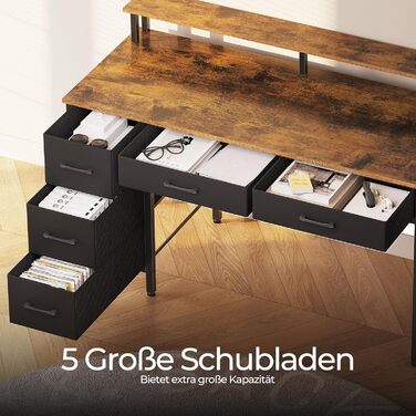 Комп'ютерний стіл Seventable з розетками та LED-підсвічуванням, 100 см, ігровий, 5 шухляд, з підставкою для монітора, для офісу, кабінету, спальні, вітальні (Вінтаж-коричневий, 140 см)