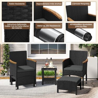 Садовий набір меблів Yaheetech з ротангу для балкона та тераси 5 предметів: 2 крісла, 2 пуфи, столик (чорний/сірий)