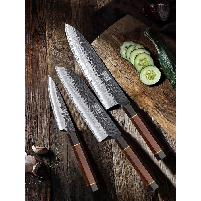 Японський ніж Сантоку HOSHANHO 18 см, ручна ковка, з високоякісної сталі, ергономічна ручка, подарункова коробка (набір 3 ножі)