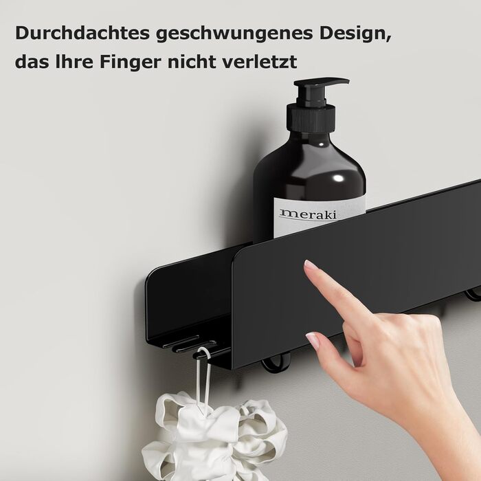 Поличка для душу Rekita без свердління, органайзер для ванної кімнати 40 см, поличка з нержавіючої сталі з 4 знімними гачками, тримач для шампуню для душу, навісна полиця, полиця для ванної кімнати (Чорний-50см)