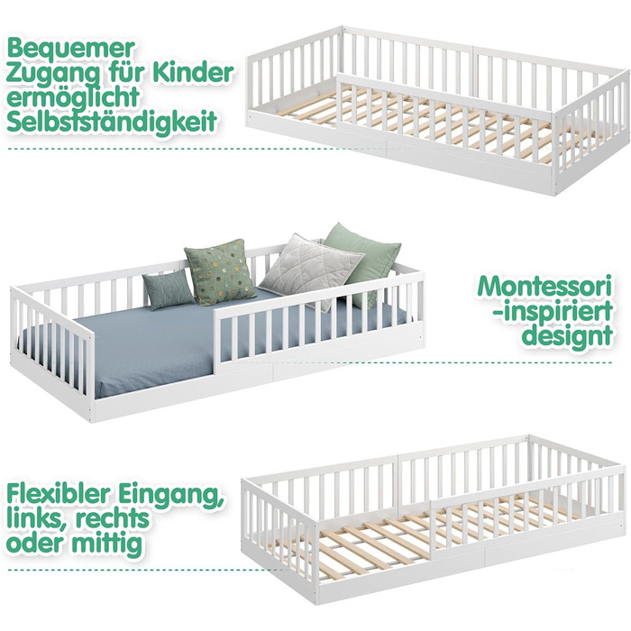 Ліжко-підлога CADANI Timi 2в1 Монтессорі 120x200 см для дітей з бортиками, ламелями, з масиву сосни, біле. 3 варіанти збірки, до 200 кг, розбірне.