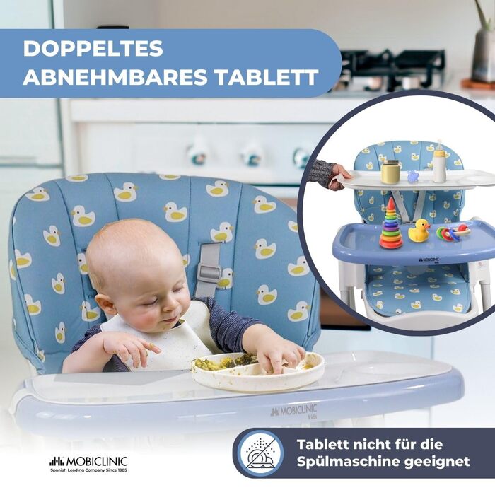 Дитячий стільчик Mobiclinic® Kids Simba, розкладний, перетворюється на стільчик для малюків, з ременем безпеки, колесами з гальмом, знімним підносом, текстиль знімний та пральний, зелений (блакитний)