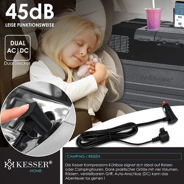 Холодильник-морозильник KESSER® Kompressor 52 л, з керуванням через APP, USB, 12/24/230V, -20°C, для авто/човнів, з телескопічною стійкою та коліщатами