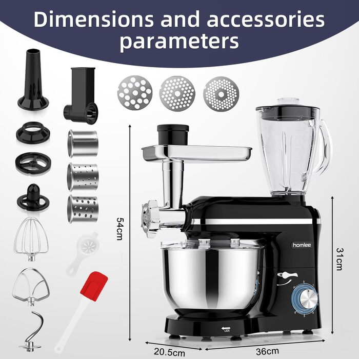 Універсальна кухонна машина 2000W 3-в-1 з м'ясорубкою, соковитискачем та мікшером, 6 швидкостей, 5.5л чаша з нержавіючої сталі, чорний колір