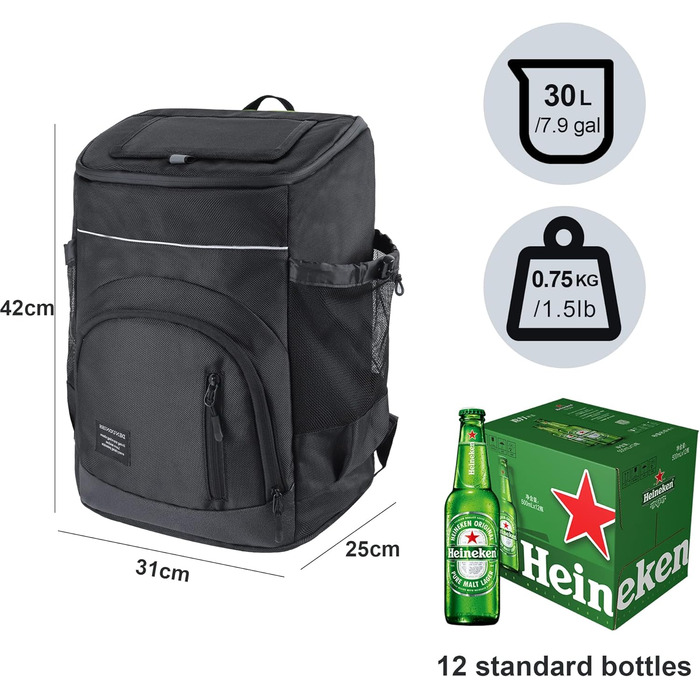 30L Рюкзак-холодильник великий, витримує протікання, ізольований рюкзак для пікніків для чоловіків та жінок, термосумка для пляжу, кемпінгу, відпочинку на природі, риболовлі, зелений (чорний)