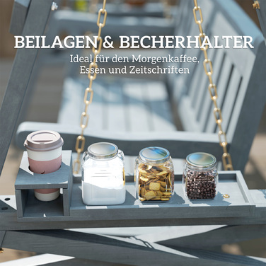 Двомісна садова гойдалка, дерев'яна лавка-гойдалка з полицями, тримачами для напоїв та металевими ланцюгами, сірого кольору