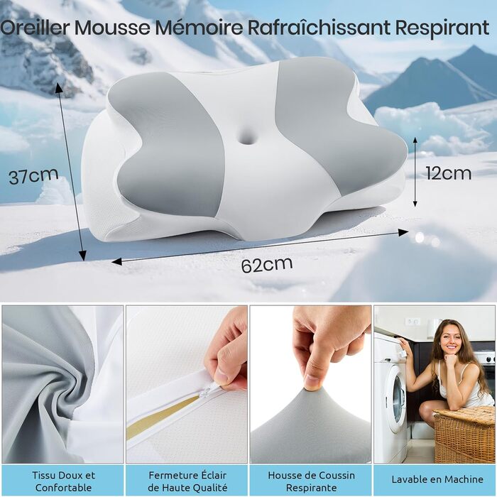 Подушка для шиї Donama з Memory Foam, подушка для сну на спині, боці та животі (сіро-білий, 62 x 37 x 12 см)