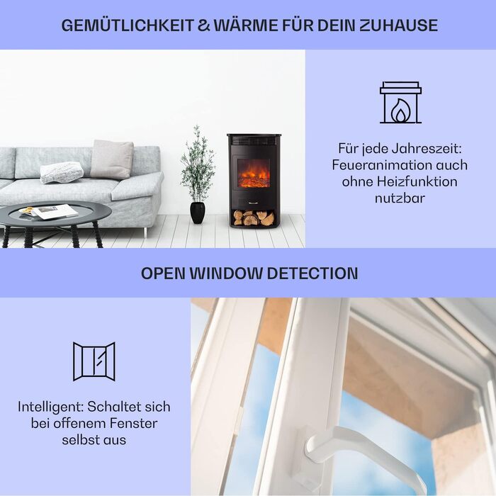 Електрокамін Klarstein Bormio Smart, 1900 Вт, з LED-полум'ям, термостатом, таймером і дистанційним керуванням, чорний – електрообігрівач для вітальні