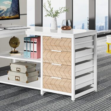 Кутовий стіл Tribesigns L-подібний з 4 висувними ящиками, 2 полицями, для офісу, кабінету, вітальні, 150x110x75 см (горіх & білий)