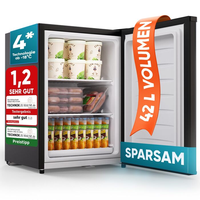 Міні-морозильна камера Stillstern 42L -18°C, з підносом для льоду, замком, змінним напрямком відкривання дверцят, 4-зірковий морозильник для кемпінгу/офісу, чорний