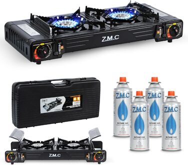 Преміум газовий набір для кемпінгу ZMC з 2 конфорками, 2,5 кВт, Piezo-запалювання, валіза для транспортування. Ідеально для відпочинку на природі, балкону та дому. Включає гриль-плиту 45×24 см та 227г газові картриджі.
