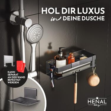 Набір для зберігання в душі Henal 5 в 1: поличка, тримач для бритви, скребок для скла, мильниця та гачки. Організатор для ванної кімнати XXL, не потребує свердління, з нержавіючої сталі, матовий чорний