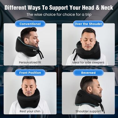 Подушка для шиї у літак з Memory Foam, регульовані ремені, дихаючий чохол, підтримка шиї для подорожей (літак, авто, поїзд). У комплекті: чохол для зберігання з гачком