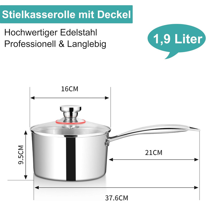 Каструля HaWare з нержавіючої сталі 16 см з кришкою, 1.9 л, для всіх типів плит, нержавіюча сталь, не має покриття, придатна для миття в посудомийній машині