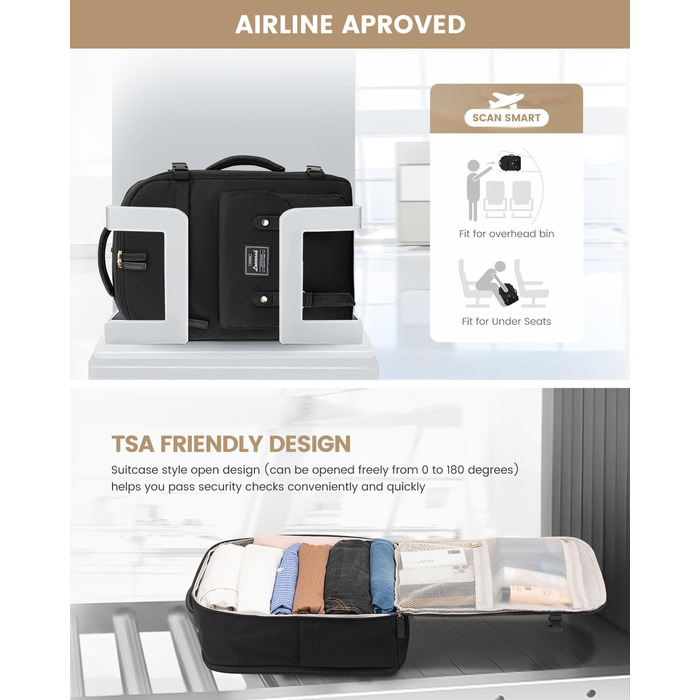 LOVEVOOK Рюкзак для ручної поклажі, жіночий рюкзак для подорожей, водонепроникний рюкзак для ноутбука 17 дюймів, шкільний рюкзак для жінок/студенток, чорний/коричневий (45x32x15 см)