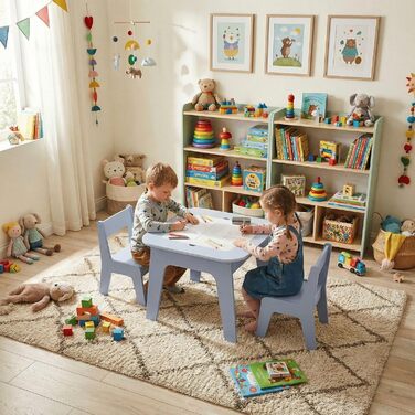 Дитячий стіл і стільці Clevich - комплект для дитячої кімнати (2 стільці, мальовальна дошка, органайзер), блакитний