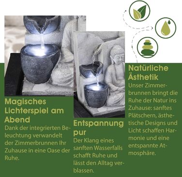 Декоративний фонтан Будда з підсвічуванням – кімнатний фонтан, сірий, 4 ступені