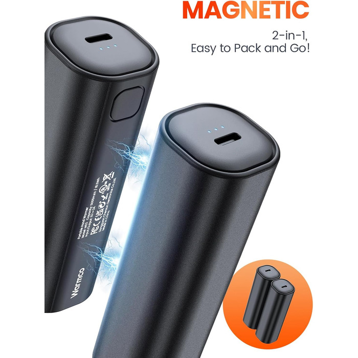 Електричний грілка для рук Warmco 2 шт., 10000mAh, USB Powerbank, 3 рівні нагріву, для чоловіків та жінок, Outdoor, Гольф, кемпінг, чорний