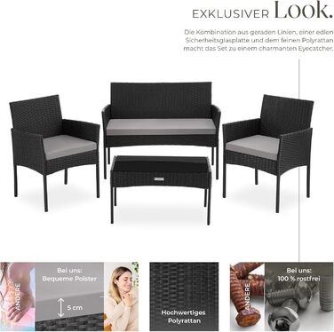 Набір садово-розплідницьких меблів tectake® з ротангу: банкетка, 2 крісла, столик, подушки, чорний колір. Меблі для балкона, тераси, саду.