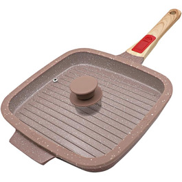 Гриль-сковорода з кришкою для індукційних плит 26 x 24 см, антипригарне покриття з кераміки, гриль-сковорода з знімним ручками, для всіх типів плит, коричнева