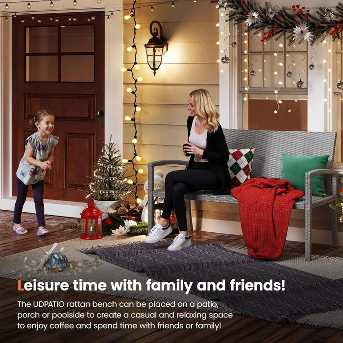 Садова лавка з поліротангу UDPATIO для тераси, балкону та саду (123x63x86 см, сіра). Міцна (до 320 кг) з спинкою та підлокітниками