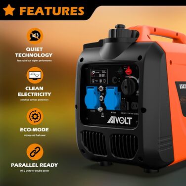 Інверторний генератор AIVOLT 1400W: бензиновий, тихий, для кемпінгу, фестивалів та дому. 2 USB, 12V DC та 230V розетки (3200W пікова потужність)