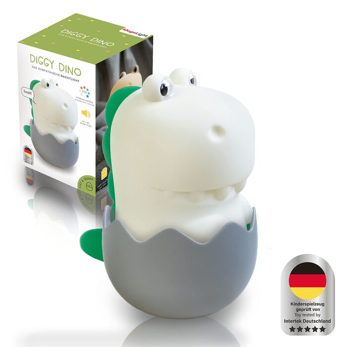 Дитячий LED нічник MegaLight Diggy Dino: RGB-підсвітка, регулювання яскравості, сенсорне керування та звукові ефекти, USB-зарядка