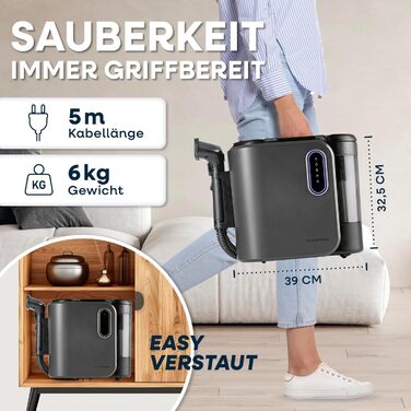 CLEANmaxx Професійний пароочисник та чистий для килимів та оббивки | EASYmaxx засіб для чищення килимів | Миючий пилосос для диванів, авто, килимів, оббивки та ін. | Плямисто-видалятор чорного кольору з шампунем Pro Steam Touch 2000W