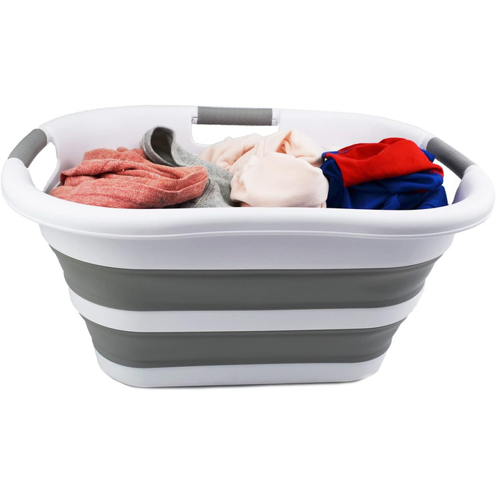 Пластиковий розбірний кошик для білизни - Складний висувний контейнер/органайзер - Портативна ванна для прання - Компактний кошик для білизни (білий/сірий), 30L