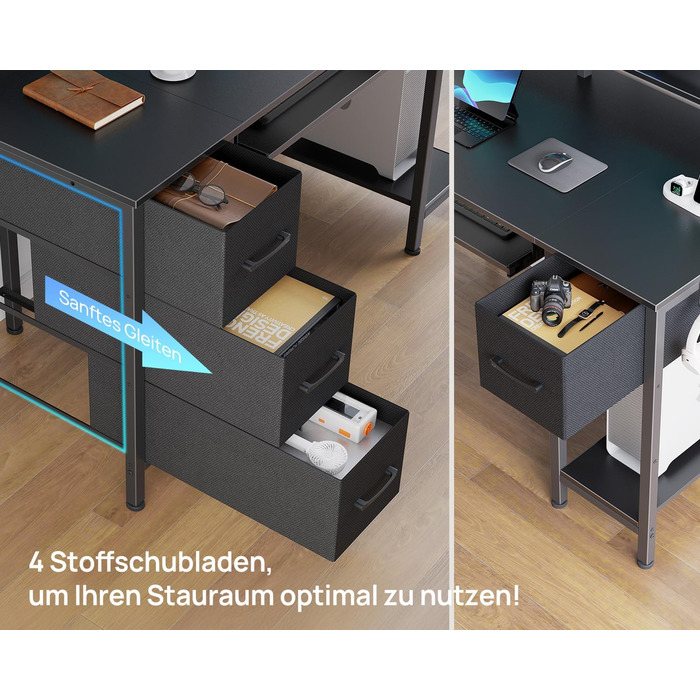 Комп'ютерний стіл Rolanstar з ящиками, 120x47 см, ігровий стіл з розеткою, LED-підсвітка та підставка для монітора, стіл для дому, офісу, вітальні, білий (чорний)