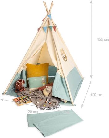 Намет PINOLINO Tipi для дітей – Yuma | Індіанський намет з вікном, килимком та гірляндою, 120x120x155 см, швидка збірка, кремовий/пастельно-блакитний