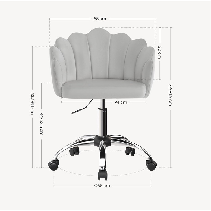 Крісло WOLTU для дому та офісу з м'якою спинкою у вигляді пелюсток, обертове, з регулюванням висоти, для робочого кабінету, спальні, сіре (велюр)
