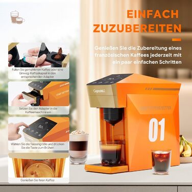 Кавомашина 4-в-1 для NES, Dolce Gusto, K-Cup та меленої кави, 19 bar, сенсорне керування, помаранчевий колір