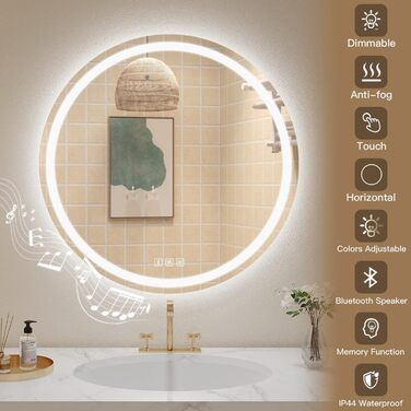 Дзеркало для ванної кімнати Habison з підсвічуванням 70x70 см LED, з годинником, сенсорним вимикачем, регулюванням яскравості, захистом від запотівання, 3-х кратним збільшенням, Bluetooth, 3 кольори світла